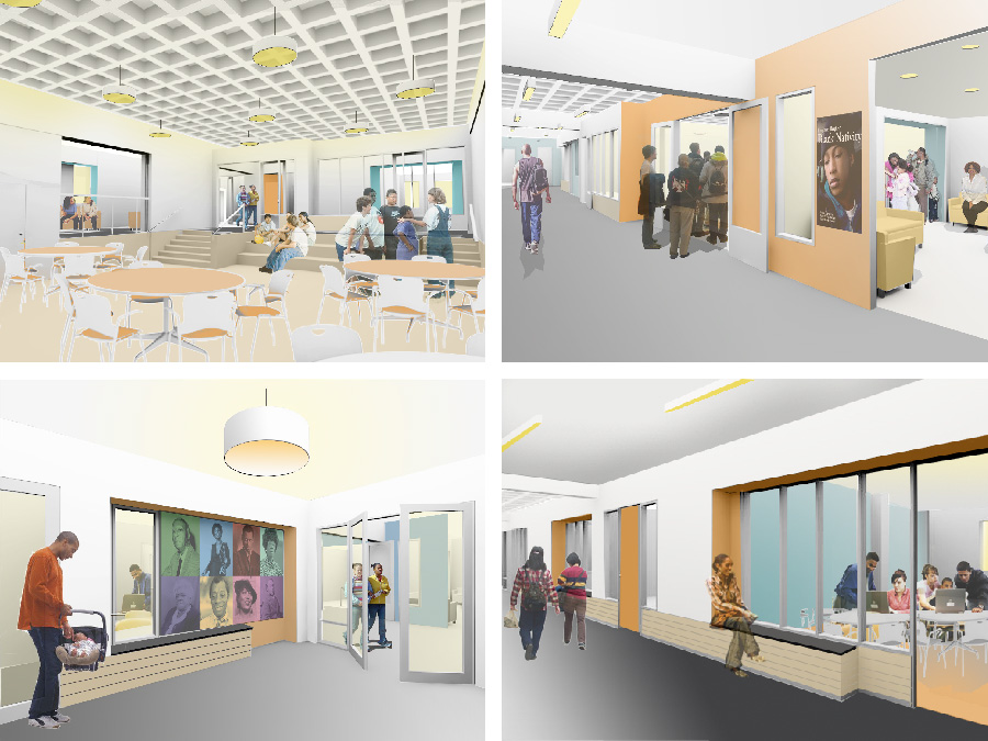 Community Design interior renderings for the Lena Park Community Center.