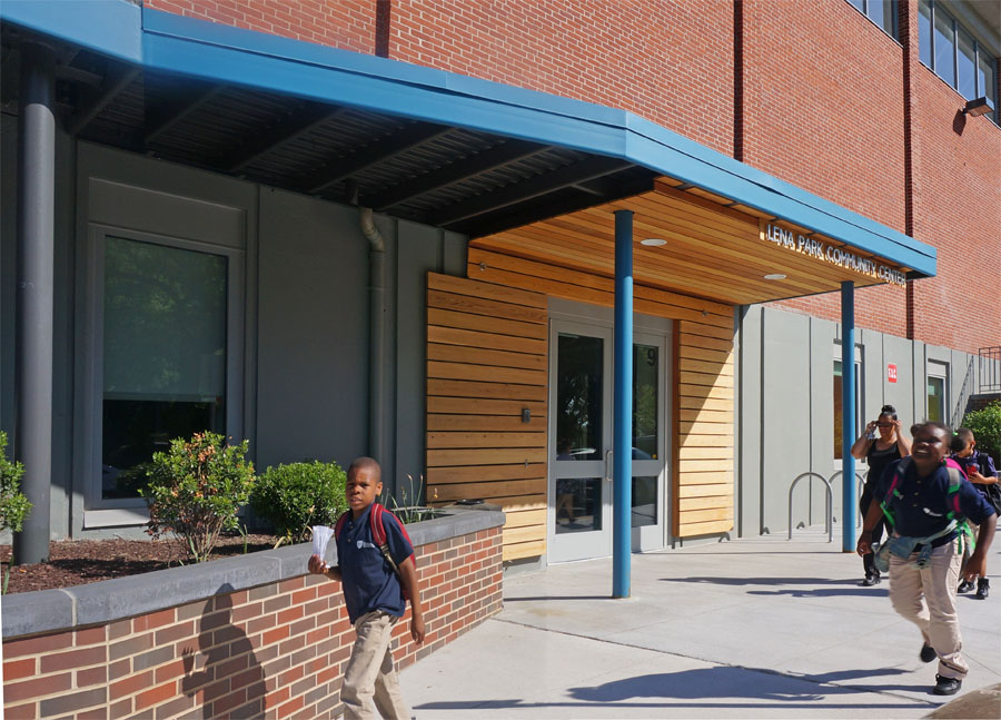 Community center design for the entrance to the Lena Park Community Center.