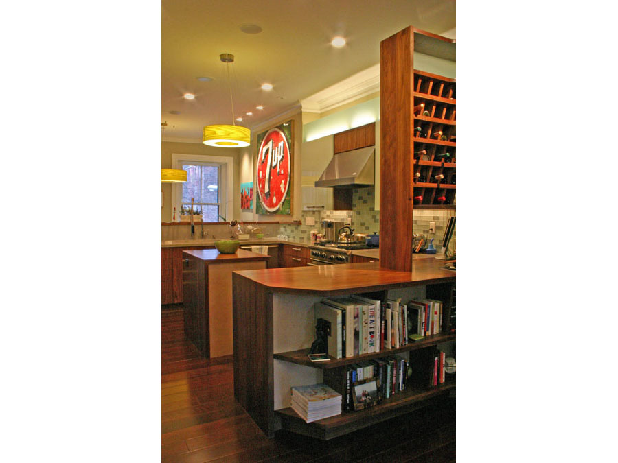 The view from the living room through the kitchen in the Back Bay townhouse.