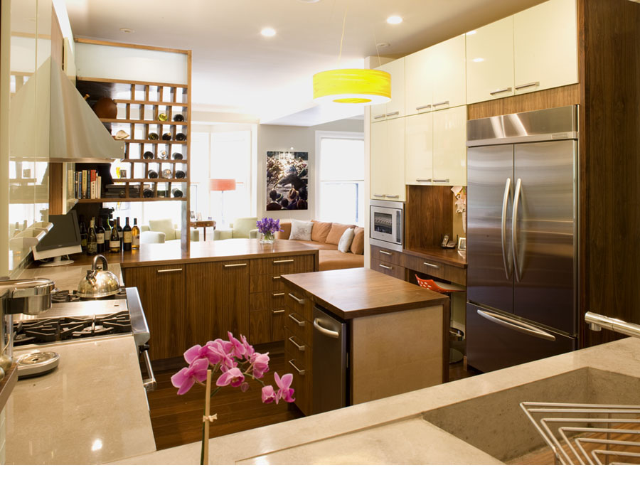 Kitchen design with island in the Back Bay town house.