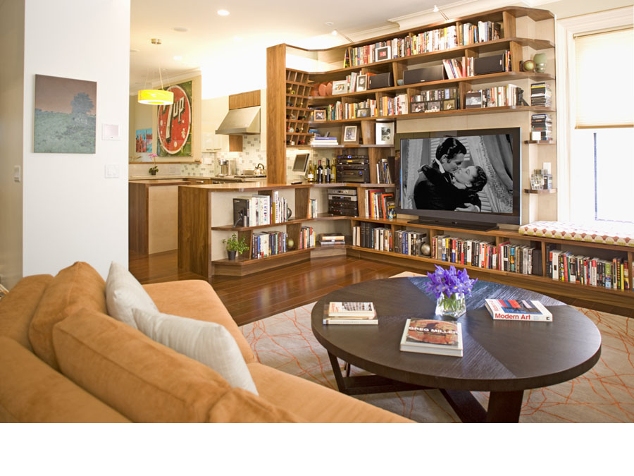 Home design with built-in shelves in the Back Bay town house.