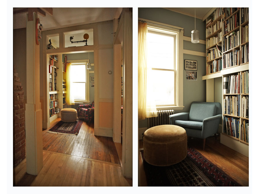 Home office design at work in the cozy study of the Cambridgeport house.