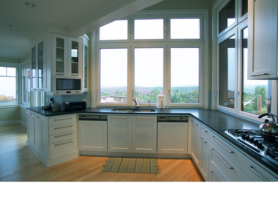 Green home design provides a beautiful view out of the kitchen in the Cape Cod house.