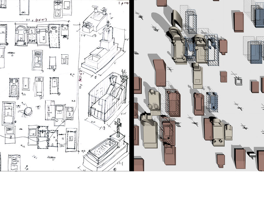 Plan views and sketch studies of Mexican graves.