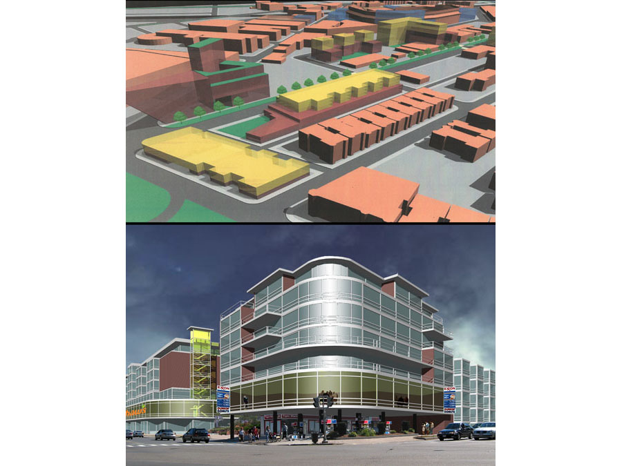 Model and rendering of the community design for the Fenway Urban Village.